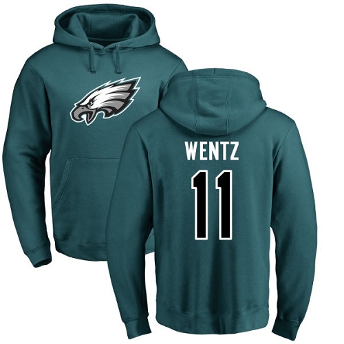 Men Philadelphia Eagles #11 Carson Wentz Green Name and Number Logo NFL Pullover Hoodie Sweatshirts